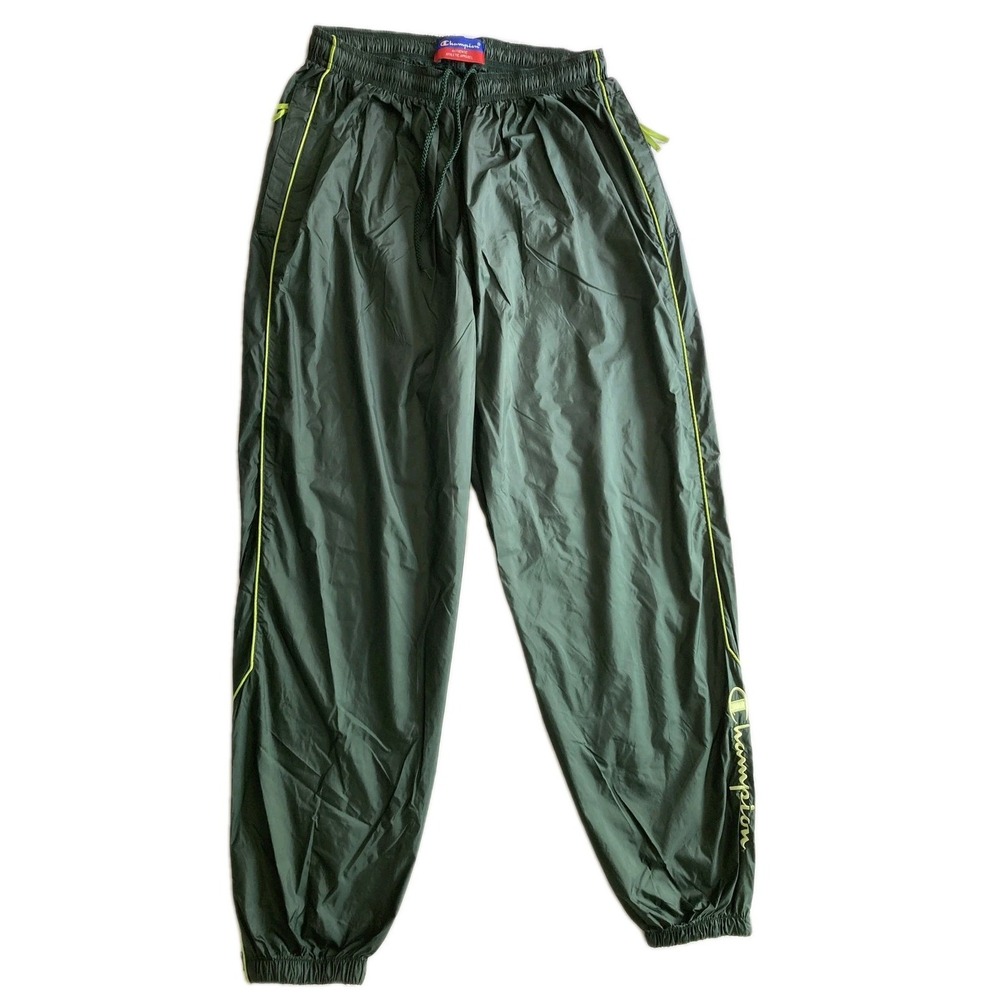 Vtg Champion Track Pant Men XL Green/Neon Nylon Elastic Waist Side Stripe Jogger